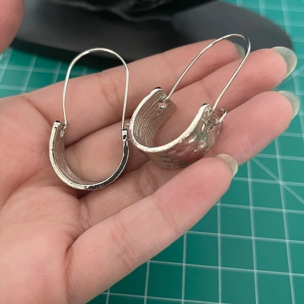 Hammered Silver Long Oval Silver Tone Hoop Earrings